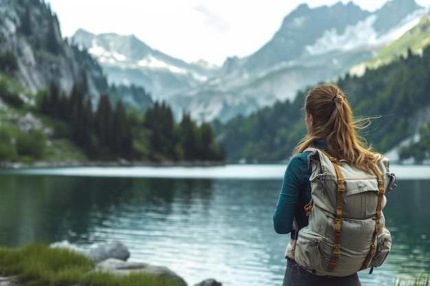 La mujer mochilera del lago genera Ai