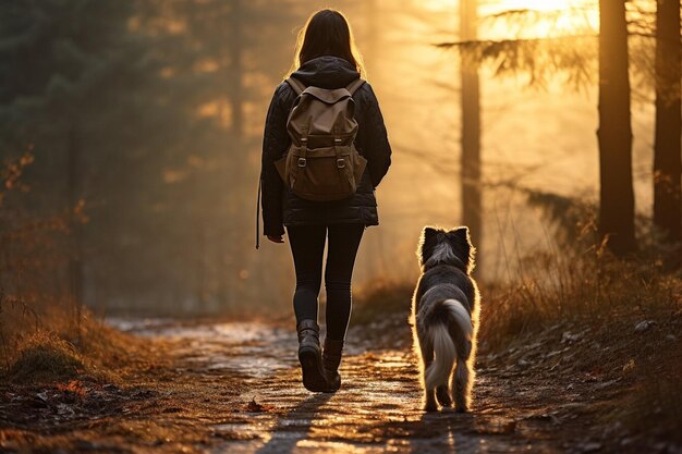 Una mujer mochilera viajando y caminando con su perro mascota están de pie en la cima de la montaña y mirando la hermosa vista del paisaje