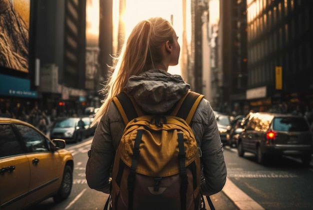 Mujer mochilero viajes turismo ciudad alrededor del mundo de vacaciones