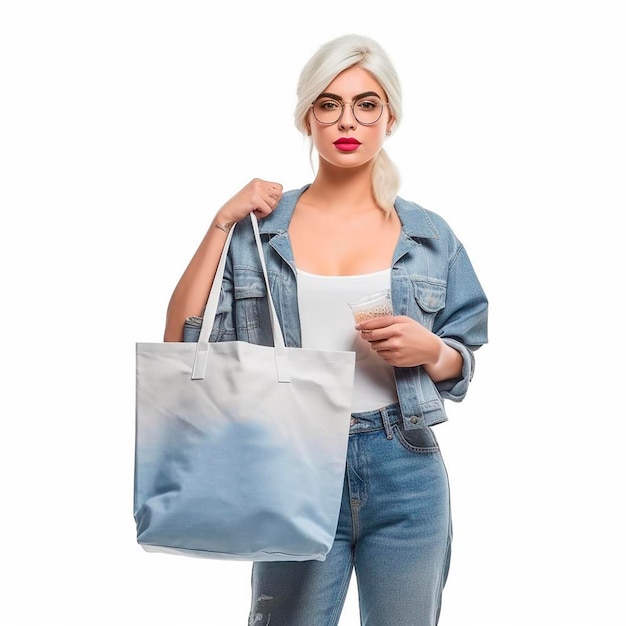 Mujer con mockup de bolsa en HD