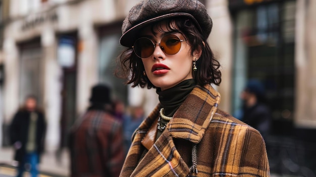 Mujer de moda con abrigo a cuadros y gorra de periodista en la calle de la ciudad Una joven elegante con un abrigo a cuadrados y gorro de periodista complementado con gafas de sol redondas se encuentra en una bulliciosa calle de la cidade