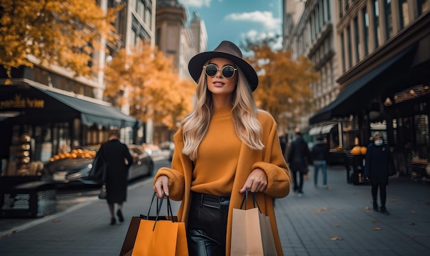 Mujer de moda con bolsas de compras en la ciudad de otoño Creada utilizando herramientas de IA generativas