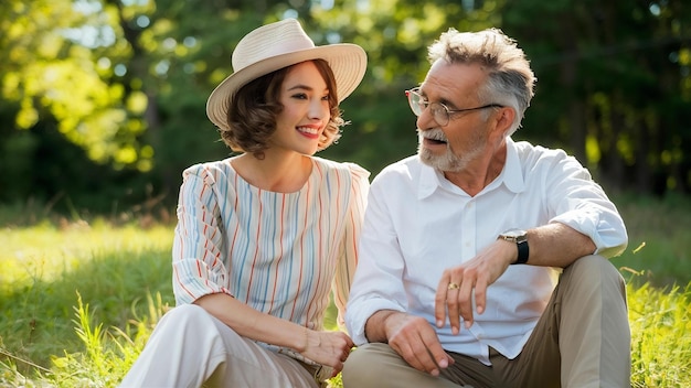 Mujer de moda de cabello corto con sombrero claro y blusa a rayas sonriendo y sentada en la hierba con un anciano