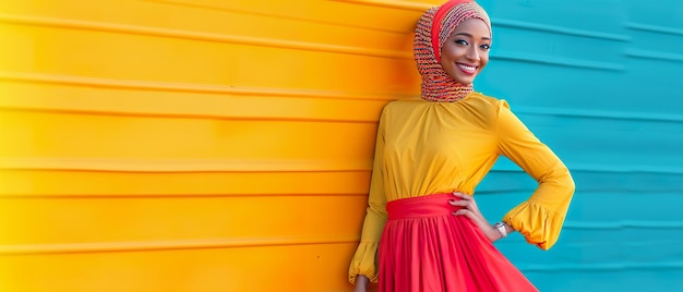 Mujer de moda con colorido hijab y vestido.