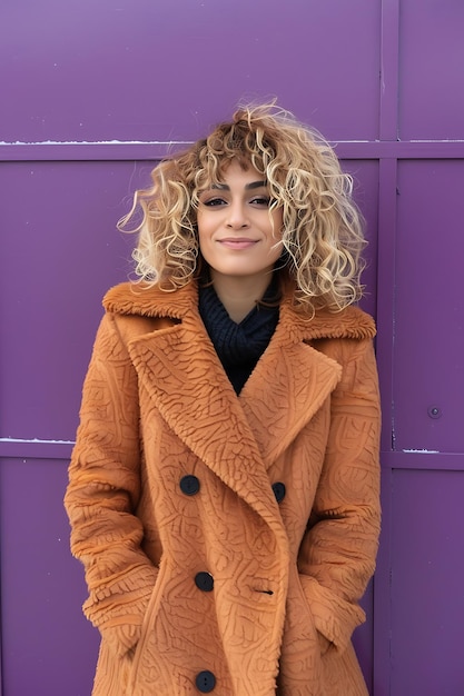 Mujer de moda confiada con el cabello rizado posando