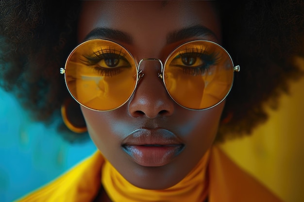 Mujer de moda deportiva afro y gafas de sol de gran tamaño