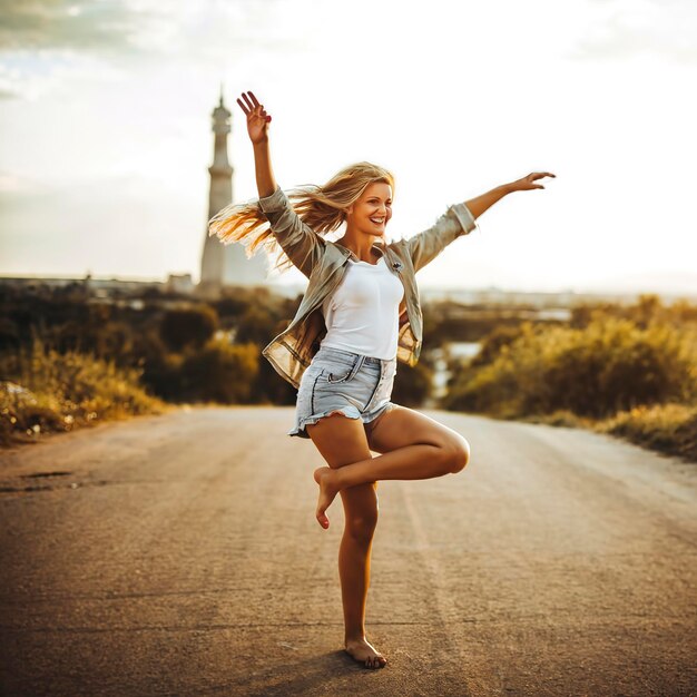 Mujer de moda descalza bailando con una sonrisa