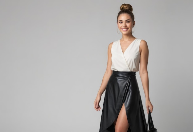 Una mujer de moda se encuentra con confianza en una blusa blanca y falda de cuero negro su aspecto combinando