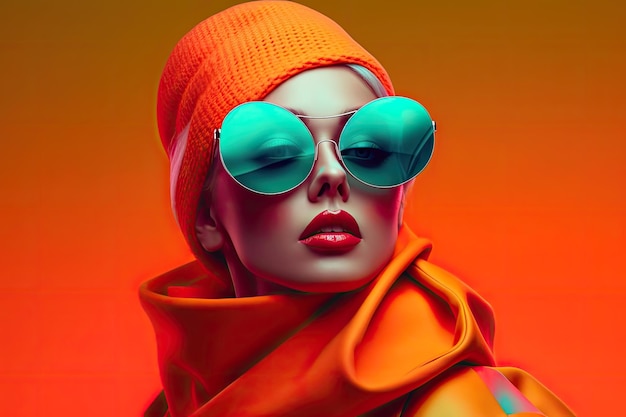 Mujer de moda con enormes gafas de sol increíbles Colores de neón vibrantes IA generativa