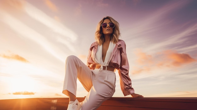 Mujer de moda con gafas al atardecer