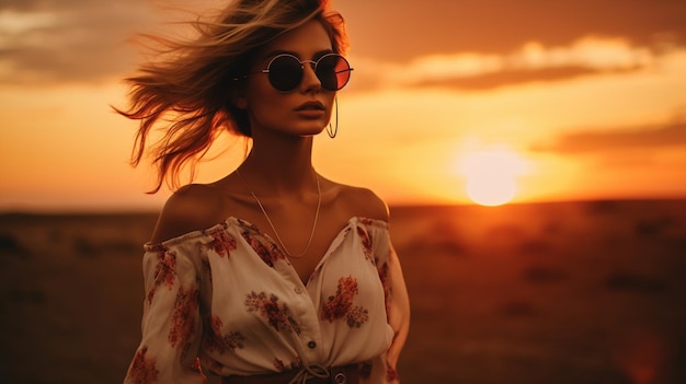 Mujer de moda con gafas al atardecer