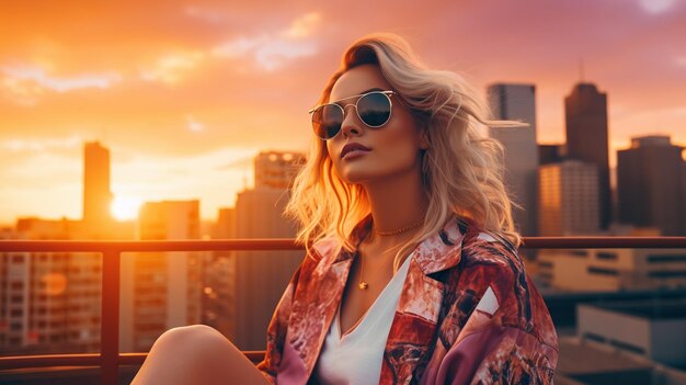 Mujer de moda con gafas al atardecer