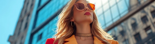 Foto mujer de moda con gafas de sol chic y audaz traje de otoño en el centro de la ciudad bannerxa