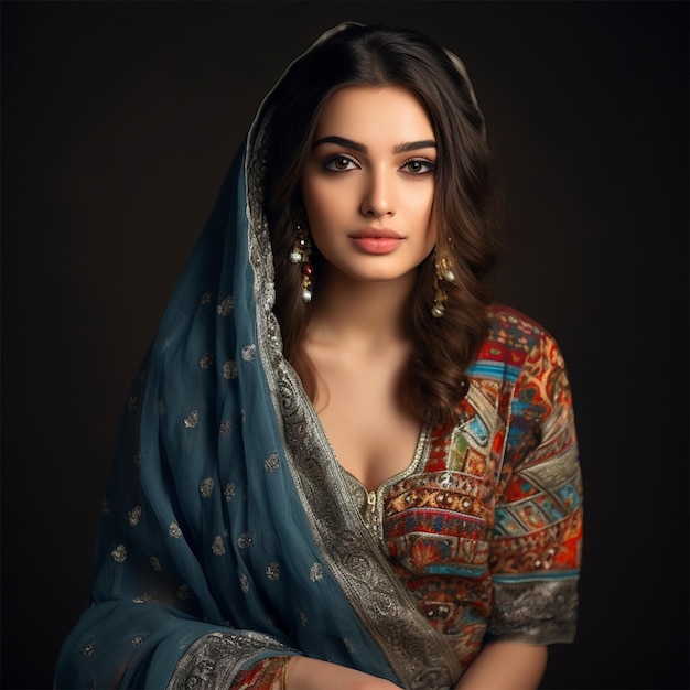 Una mujer de moda india y pakistaní vestida con ropa de boda