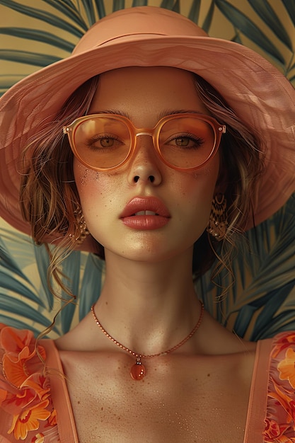 Mujer de moda en naranja con fondo tropical