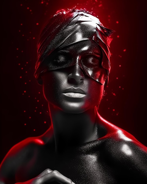Una mujer de moda con los ojos vendados que lleva una máscara de cuero negro como un héroe con un fondo rojo oscuro