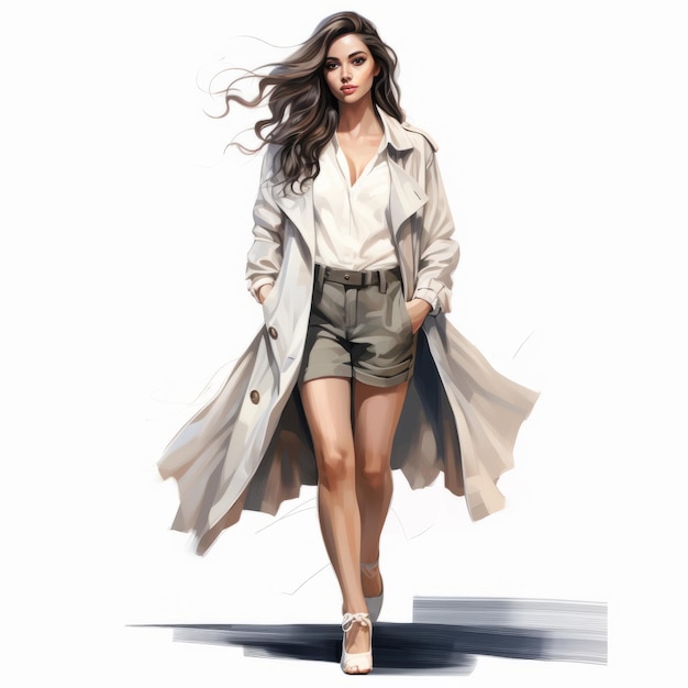 Mujer de moda con pantalones cortos y abrigo realista Pintura digital