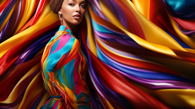 Mujer de moda en patrón de telas coloridas como colores carnaval aspecto increíble maquillaje de cara atractivo