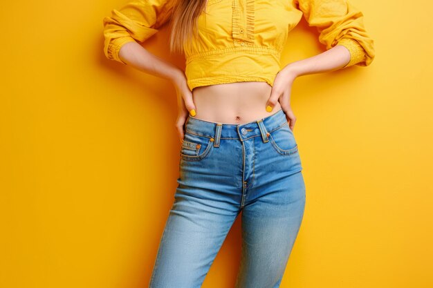 Mujer a la moda posando con vaqueros y camiseta contra un fondo amarillo