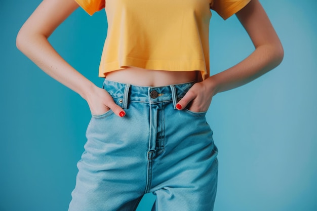 Mujer a la moda posando con vaqueros y camiseta contra un fondo azul