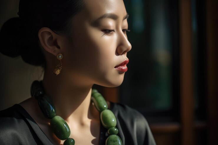 Una mujer de moda que lleva un collar de jade.