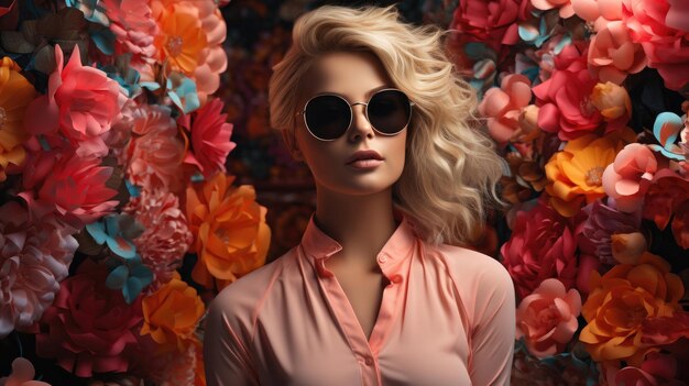 Una mujer de moda rubia con hermosas gafas de sol coloridas flores y hojas tropicales