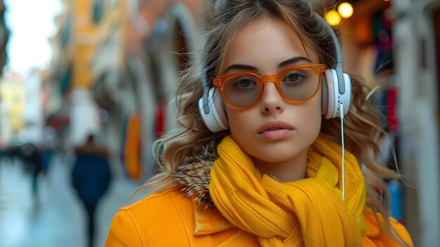 Mujer de moda con traje vibrante y auriculares inalámbricos paseando en el entorno urbano concepto moda estilo de vida urbano estilo de calle tecnología traje vibrante