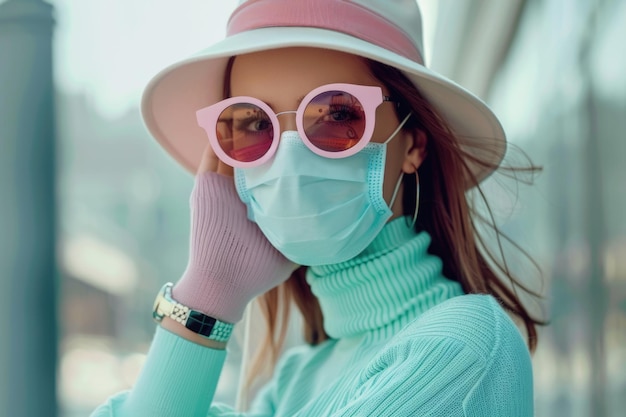 Una mujer de moda usa un elegante equipo de protección durante la cuarentena