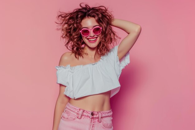 Mujer de moda con vaqueros rosados y camiseta blanca con maquillaje de moda