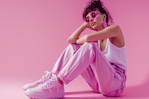 Mujer de moda con vaqueros rosados y camiseta blanca con maquillaje de moda