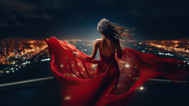 Mujer de moda en vestido rojo ondeante Vista posterior Vista posterior Modelo de glamour bailando con tela de seda larga volando en el viento sobre el cielo nocturno Paisaje de luz de la ciudad