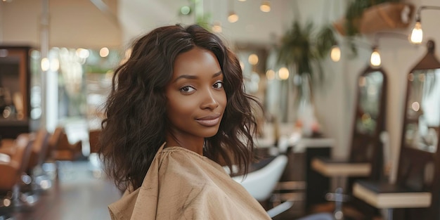 Mujer modelo afroamericana con cabello ondulado recto en un interior de salón moderno