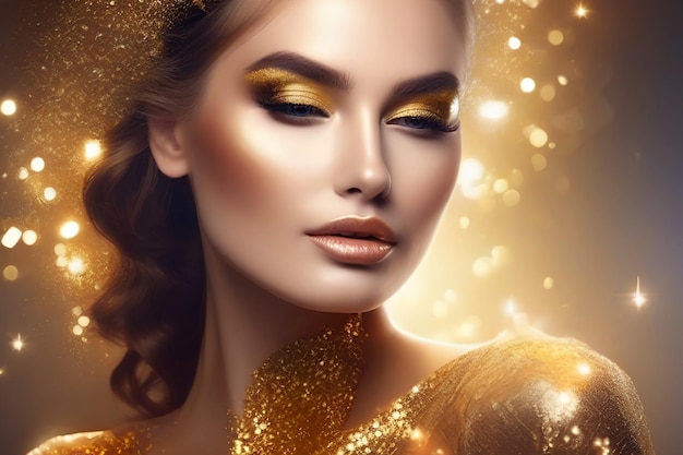 Mujer modelo de alta costura con brillantes destellos dorados en la piel retrato de flores de fantasía de hermosa