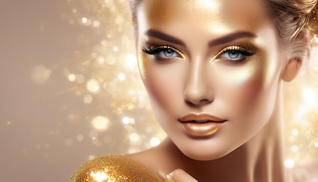 Mujer modelo de alta costura con brillantes destellos dorados en la piel retrato de flores de fantasía de hermosa