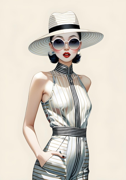 Una mujer modelo asiática de los años 80 con un sombrero de los años 50