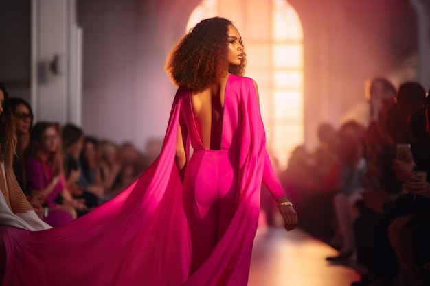 Mujer modelo con estilo camina en el podio en vestido de color magenta en desfile de moda ai generativo