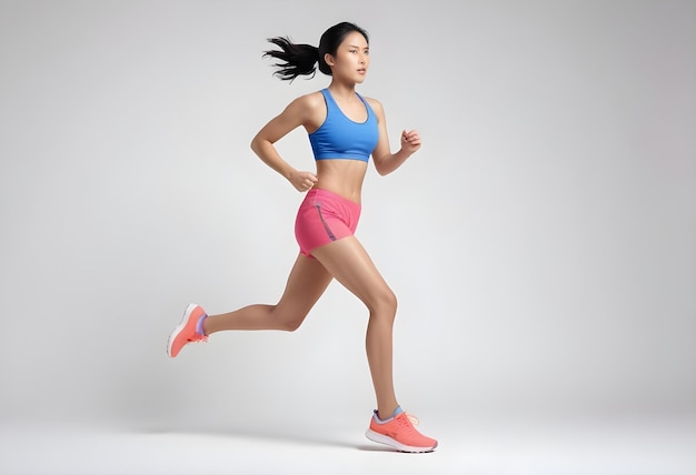 mujer modelo en forma corriendo en fondo blanco de estudio