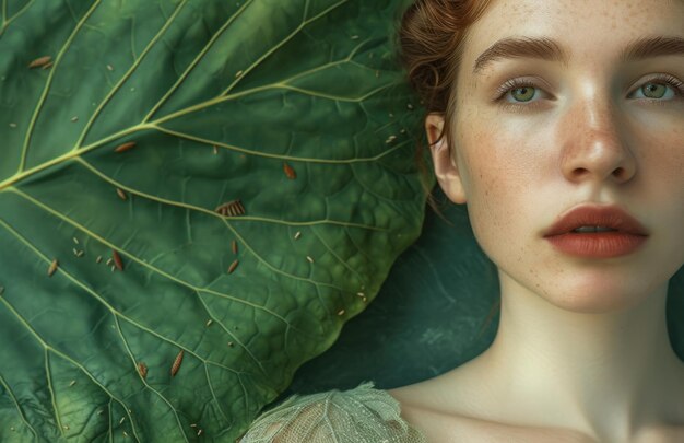 Mujer modelo frente a las hojas verdes.