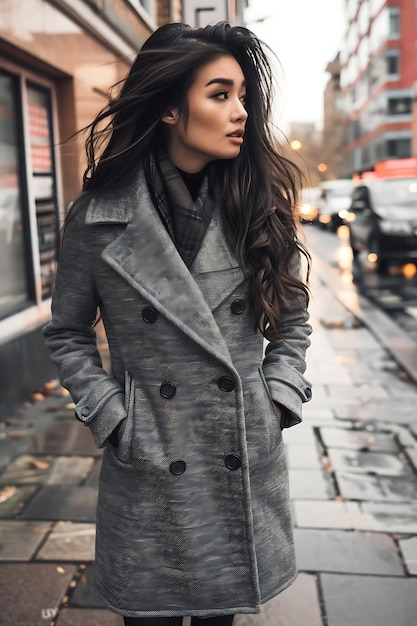 Mujer modelo joven con un largo abrigo gris