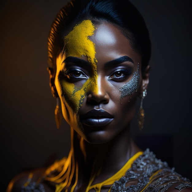 Mujer modelo con maquillaje con detalles amarillos en un fondo oscuro