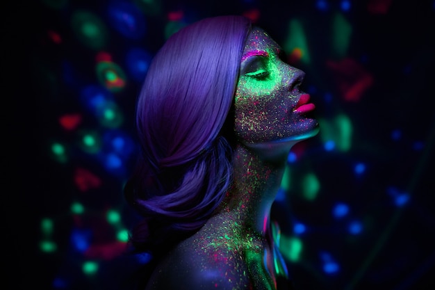 Mujer modelo de moda en luz de neón brillante maquillaje fluorescente, pelo largo y gotas en la cara.