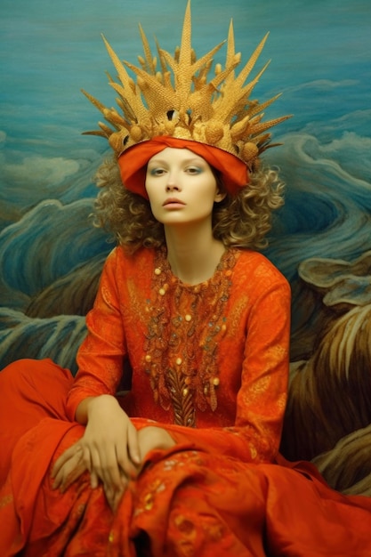 Una mujer modelo vestida con tonos azules rojos anaranjados con una corona en la playa