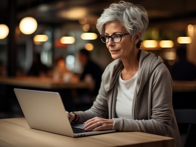 Mujer moderna de edad avanzada con cabello gris y gafas trabajando para una computadora portátil en una cafetería