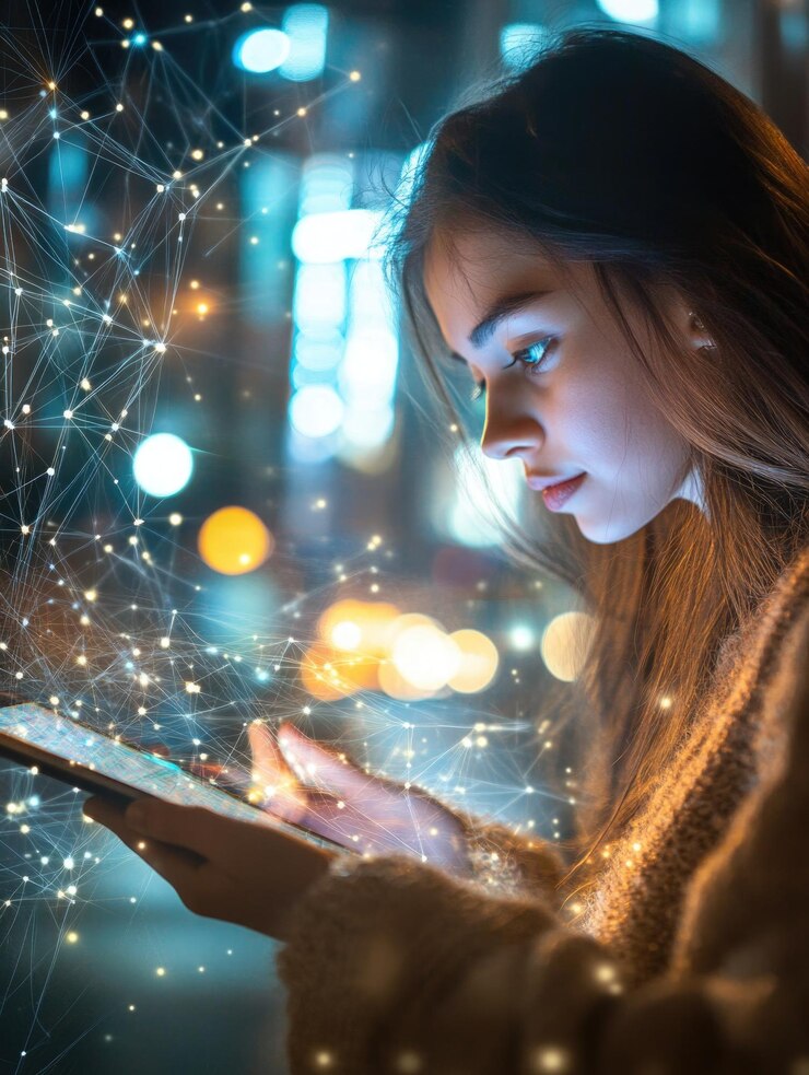 Una mujer moderna innovadora en tecnología comprometida con una aplicación AIPowered