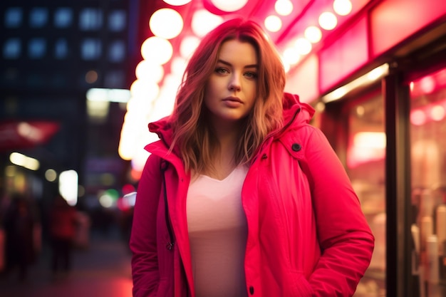 Mujer moderna de talla grande luciendo moderna contra las vibrantes calles de neón