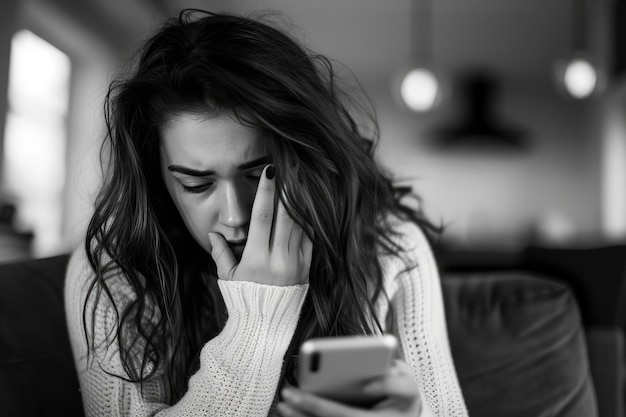 Mujer molesta leyendo actualizaciones de noticias preocupantes en un dispositivo móvil