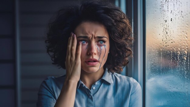 Mujer molesta llorando con ojos llorosos sufriendo de shock emocional pérdida dolor problemas de vida y b