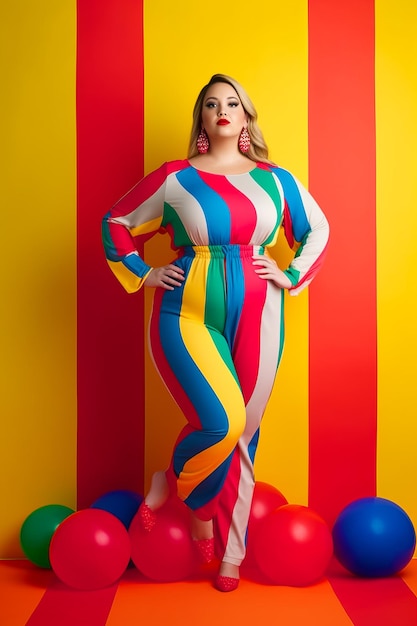 Foto mujer en mono multicolor de pie frente a globos ia generativa