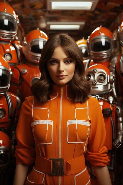Foto una mujer en un mono naranja con un grupo de robots detrás de ella