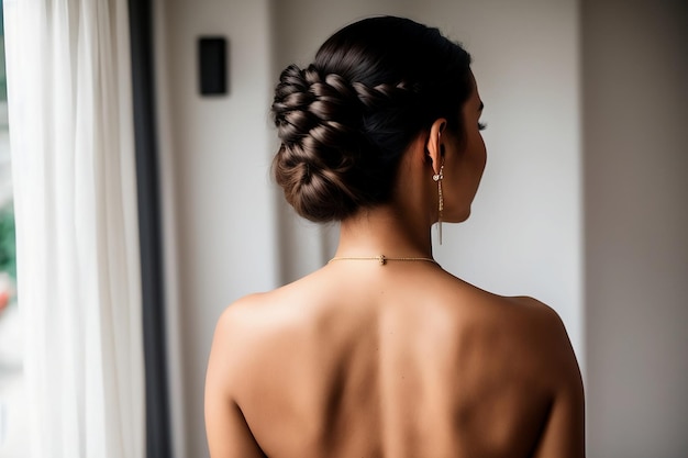 Una mujer con un moño en el pelo se para frente a una ventana.